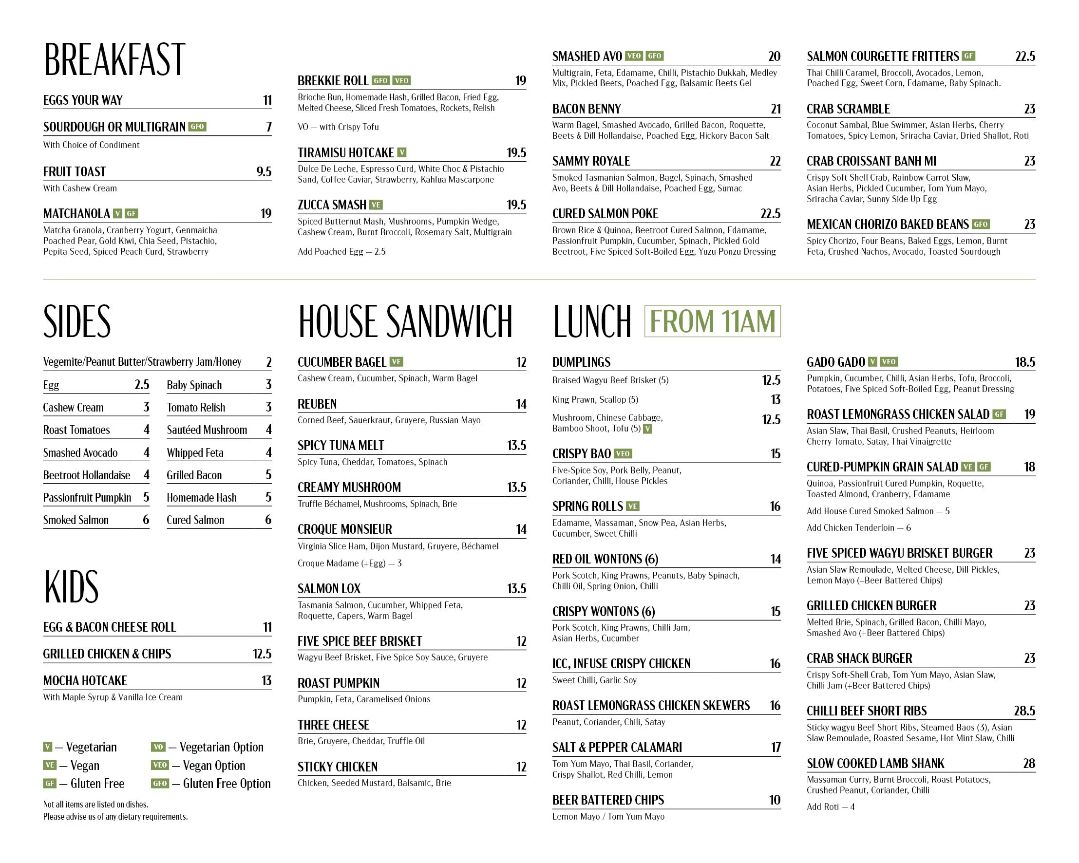 dine-in breakfast and lunch menu page 1
